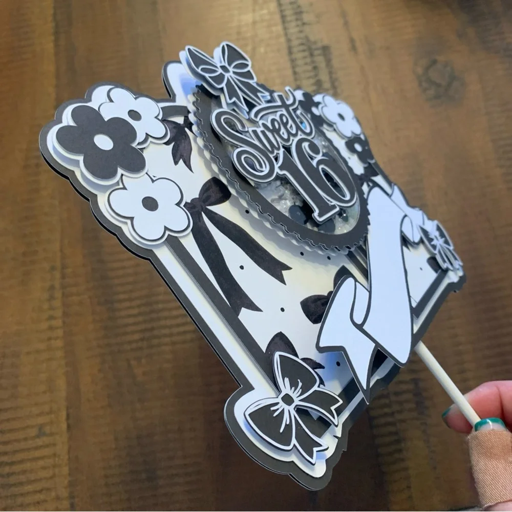 Sweet 16 Black & White Cake Topper - Elegant Party Decoration
